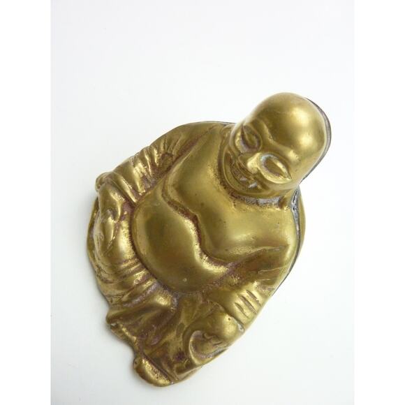 Vintage Small Brass Sitting Smiling Buddha Figurine Paperweight Decor - Picture 4 of 5
